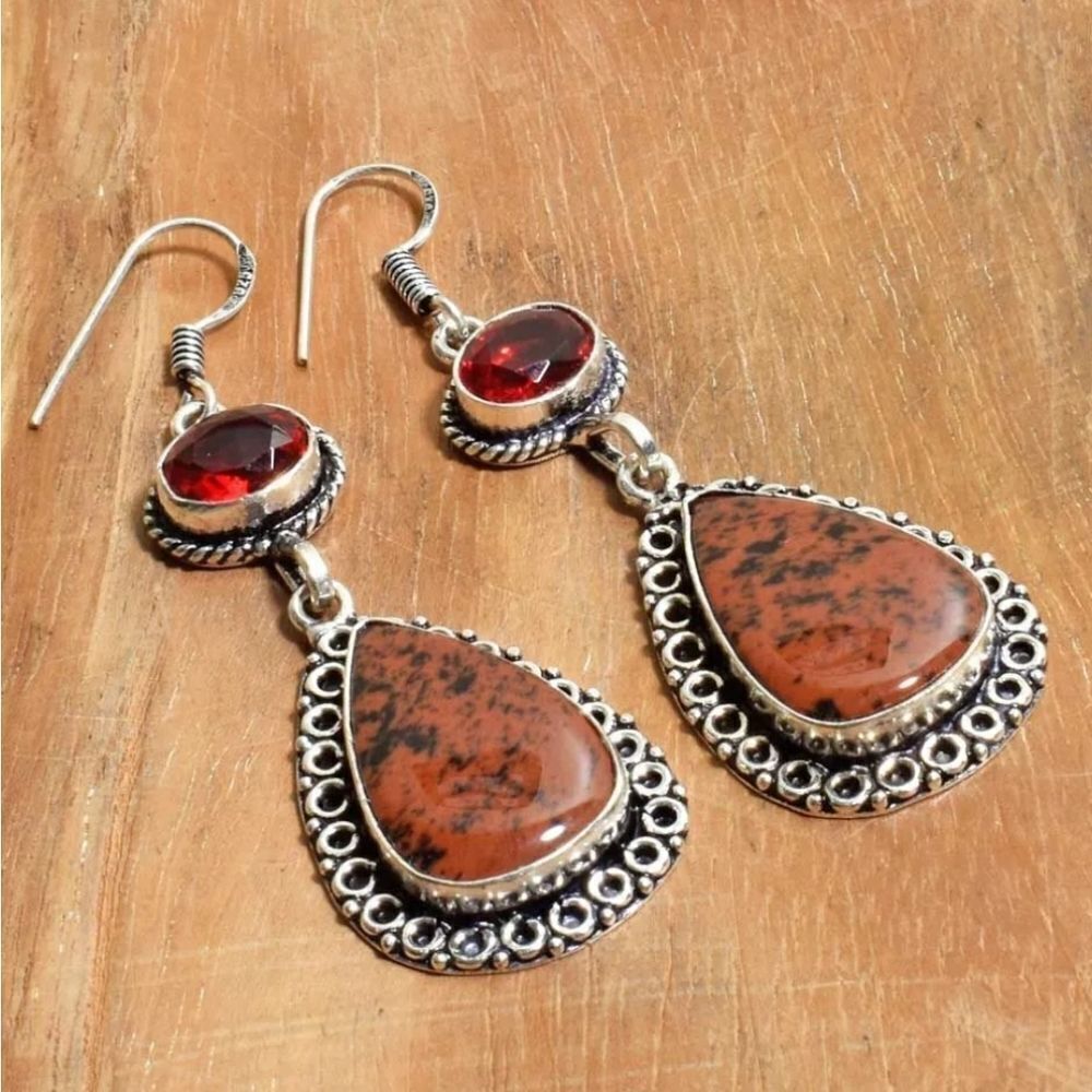 Mahagony Obsidian Garnet Handmade Drop Dangle Earrings Jewelry 2.48"